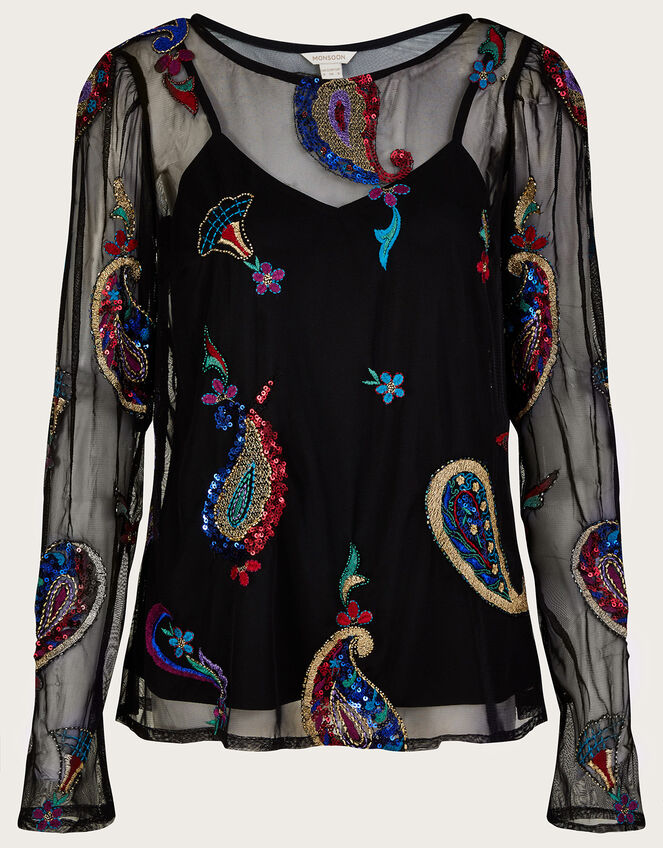 Philpine Embroidered Top in Recycled Polyester, Black (BLACK), large