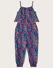 Paisley Print Jumpsuit in Recycled Polyester, Blue (BLUE), large