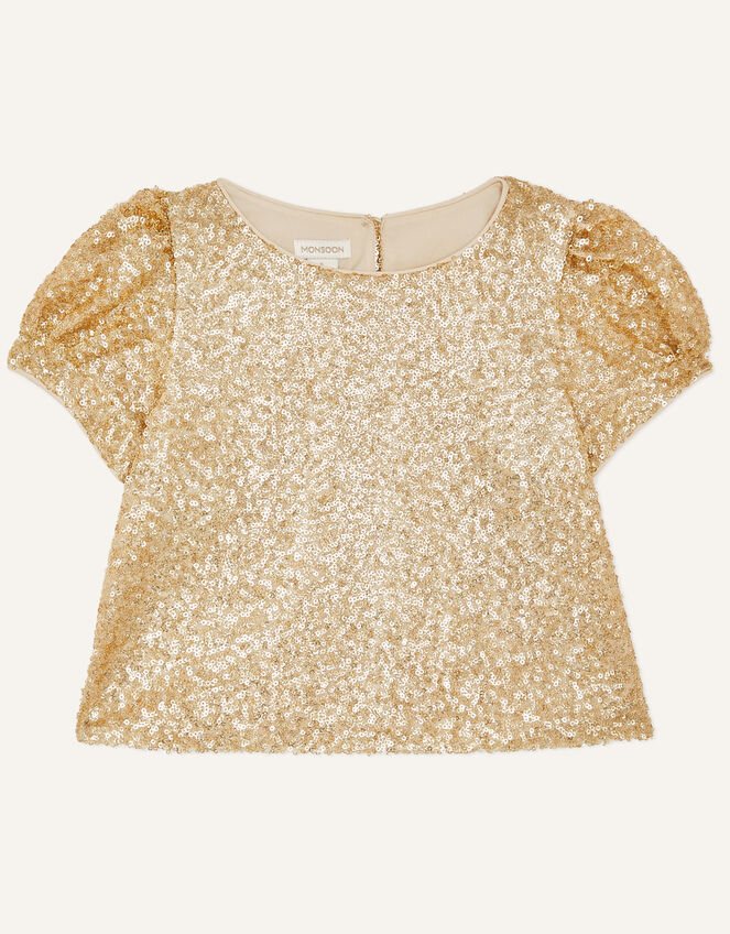 Sequin Puff Sleeve Top, Gold (GOLD), large