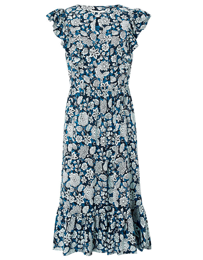 Loana Floral Frill Midi Dress, Blue (BLUE), large