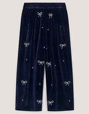 Bow Embellished Velour Trousers, Blue (NAVY), large