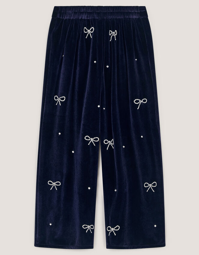 Bow Embellished Velour Trousers, Blue (NAVY), large