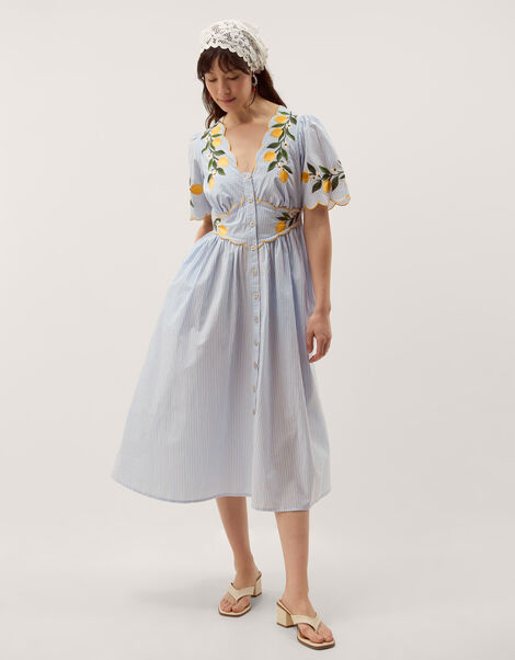 Marisol Lemon Embroidered Stripe Midi Dress, Blue (BLUE), large