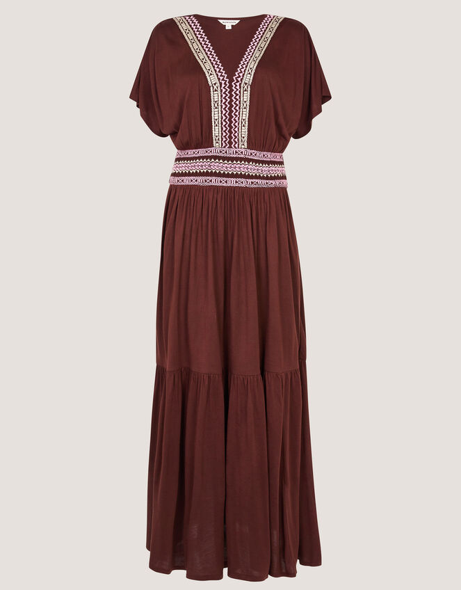 Jacqueline Aztec Tiered Midi Dress, Brown (BROWN), large
