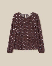Shae Smocked Polka Dot Jersey Top, Brown (CHOCOLATE), large