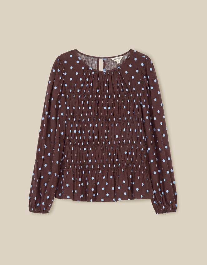 Shae Smocked Polka Dot Jersey Top, Brown (CHOCOLATE), large