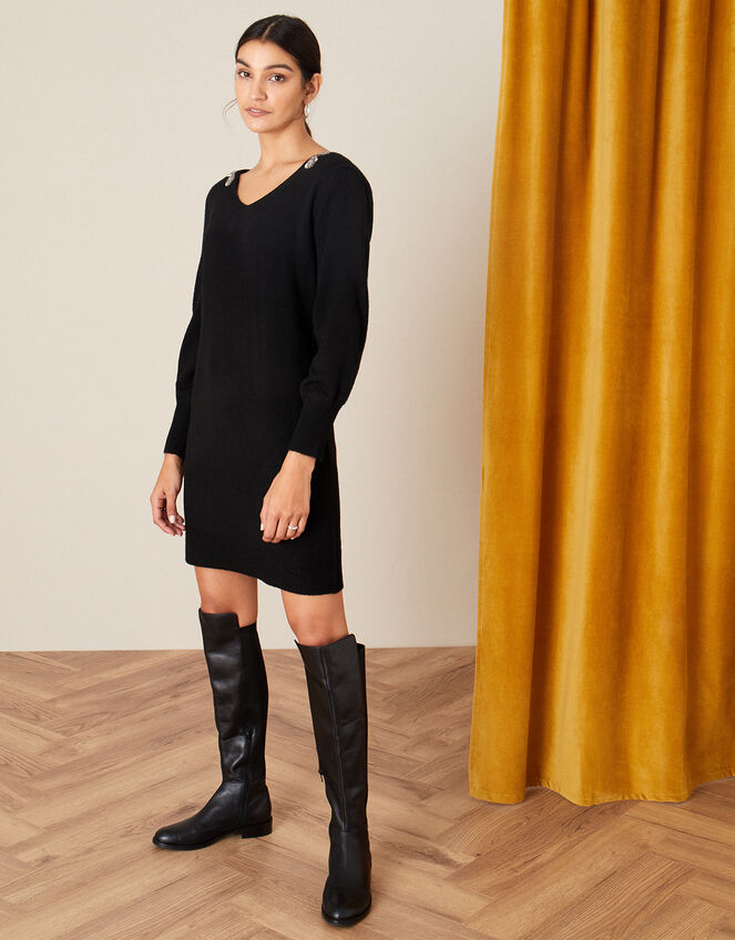 Embellished V-Back Knit Dress, Black (BLACK), large