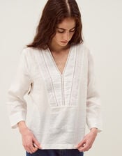 Jayla V-Neck Lace Linen Blouse, White (WHITE), large