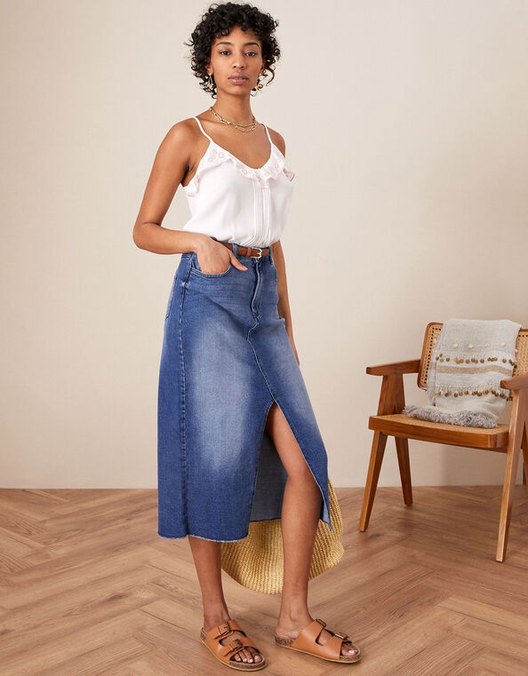 Sasha Denim Split Front Midi Skirt, Blue (DENIM BLUE), large