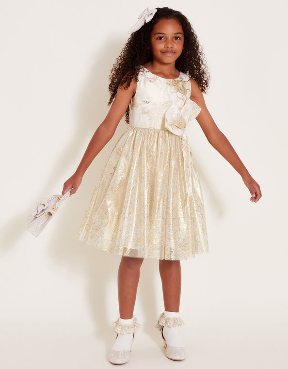 Bennie Bow Jacquard Dress, Gold (GOLD), large