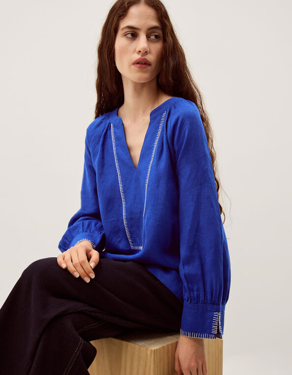 Frida V-Neck Linen Blouse, Blue (COBALT), large