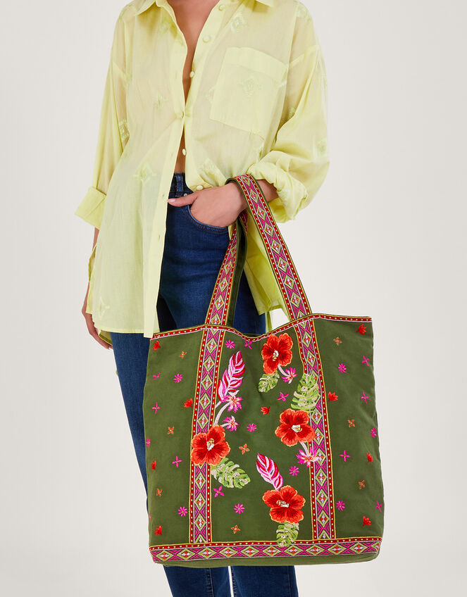 Floral Embroidered Tote Bag, , large