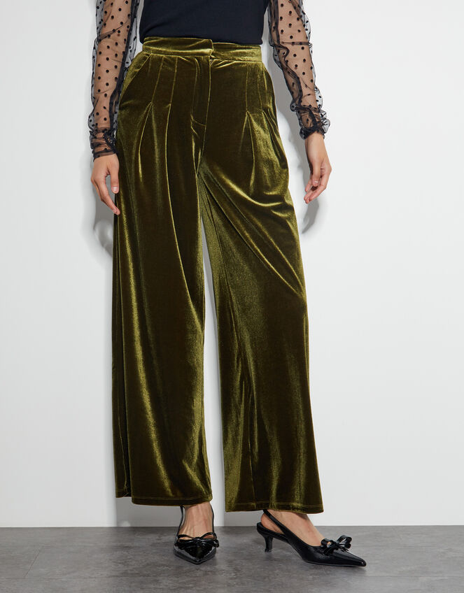 Valery Wide Leg Velvet Trousers, Green (OLIVE), large