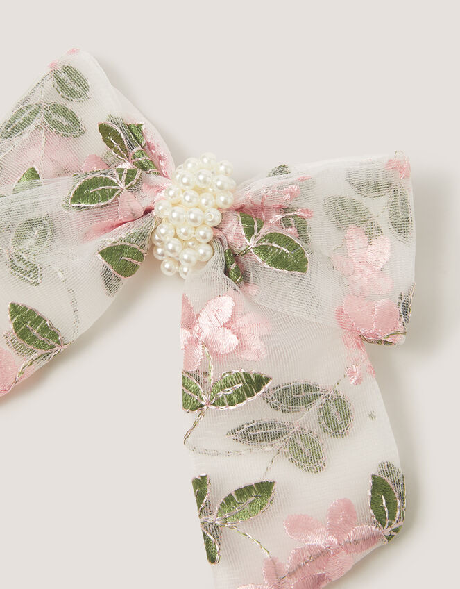 Embroidered Floral Pearl Bow Hair Clip, , large
