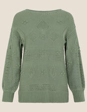 Stitch and Bobble Detailed Jumper in Recycled Cotton, Green (KHAKI), large