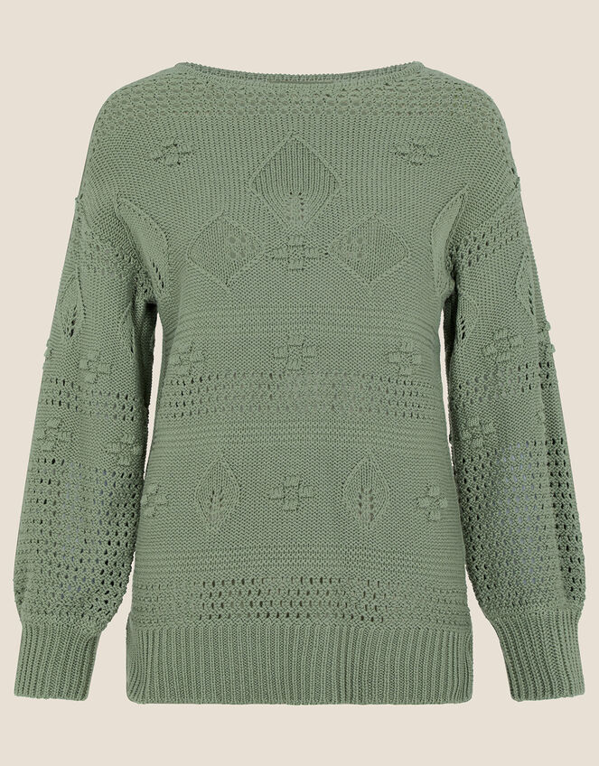 Stitch and Bobble Detailed Jumper in Recycled Cotton, Green (KHAKI), large