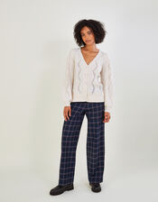 Cable Pearl Cardigan with Recycled Polyester, Ivory (IVORY), large