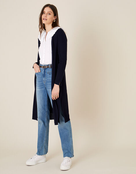 Lily Longline Cardigan in Linen Blend  Blue, Blue (NAVY), large