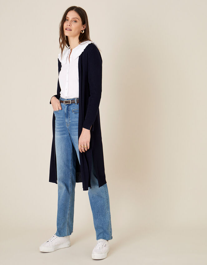 Lily Longline Cardigan in Linen Blend , Blue (NAVY), large