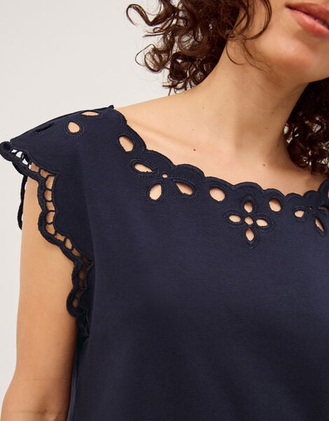 Gaia Floral Cutwork Top, Blue (NAVY), large
