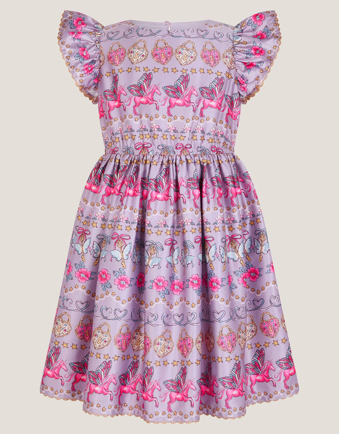 Magical Unicorn Print Satin Dress, Purple (PURPLE), large