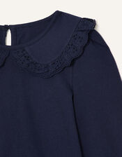 Broderie Collar Top, Blue (NAVY), large