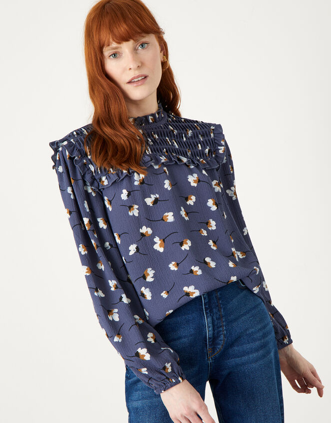 Floral Pin Tuck Blouse, Blue (BLUE), large