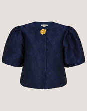 Juliana Floral Jacquard Puff Sleeve Jacket, Blue (NAVY), large