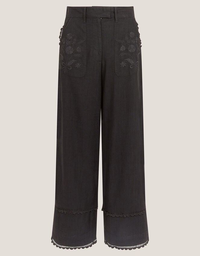 Hayley Embroidered Linen Blend Trousers, Black (BLACK), large