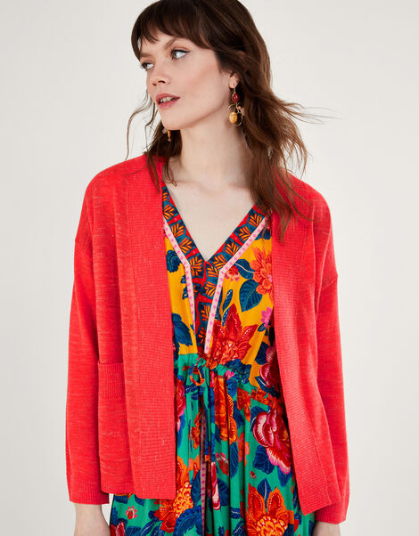 Pocket Cardigan in Linen Blend, Orange (CORAL), large