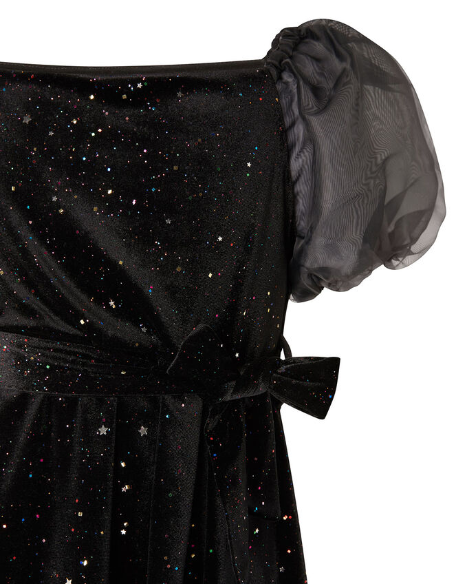 Puff Sleeve Sparkle Velvet Dress, Black (BLACK), large