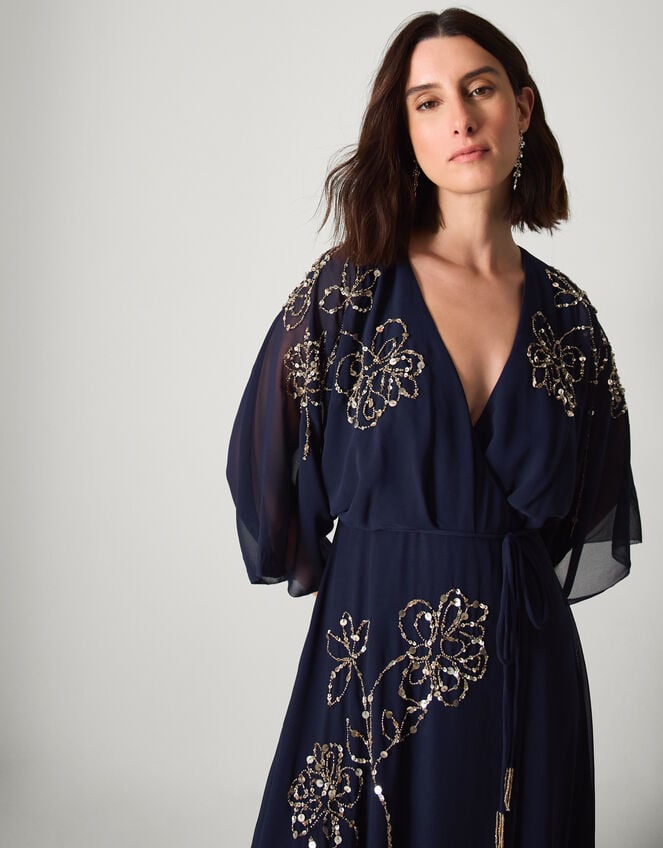 Skyla Floral Embellished Maxi Wrap Dress, Blue (NAVY), large