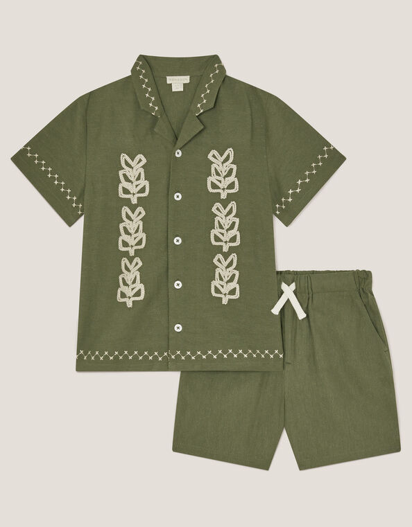 Embroidered Shirt and Shorts Set, Green (KHAKI), large