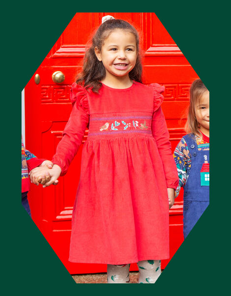 Frugi Ruffle Embroidered Christmas Dress, Red (RED), large