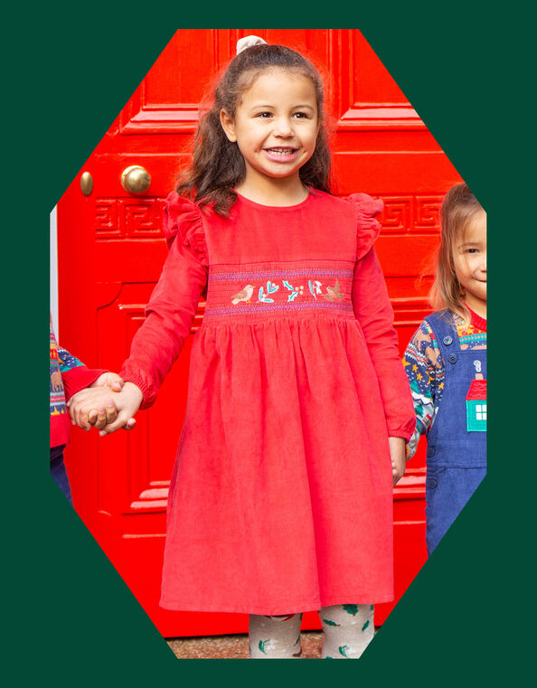 Frugi Ruffle Embroidered Christmas Dress, Red (RED), large