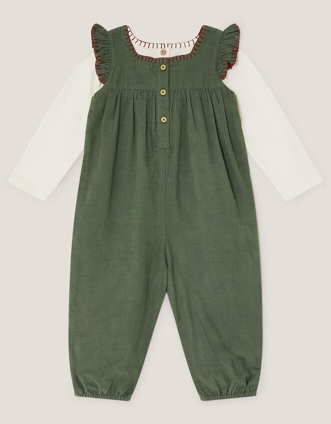 Long Sleeve Top & Floral Corduroy Dungarees Set, Green (GREEN), large