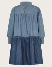 Long Sleeve Tiered Denim Dress, Blue (BLUE), large
