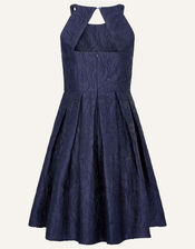 Rose Jacquard Halter Neck Prom Dress, Blue (NAVY), large