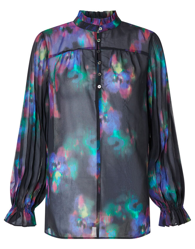 Blur Print Pleated Sleeve Blouse, Black (BLACK), large