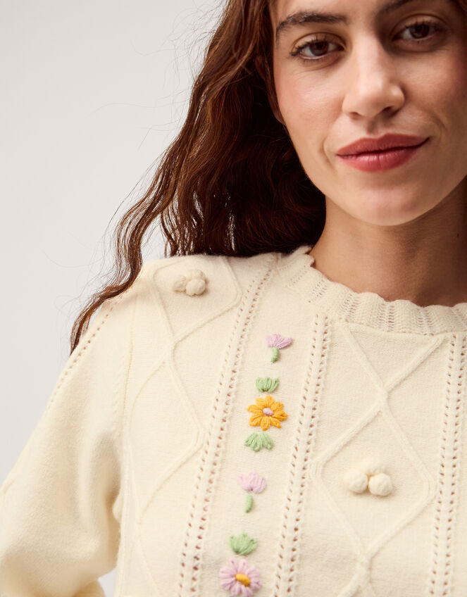 Elsie Floral Embroidered Cable Knit Jumper, Ivory (IVORY), large