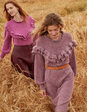 Ruffle Detail High Neck Dress , Purple (PURPLE), large