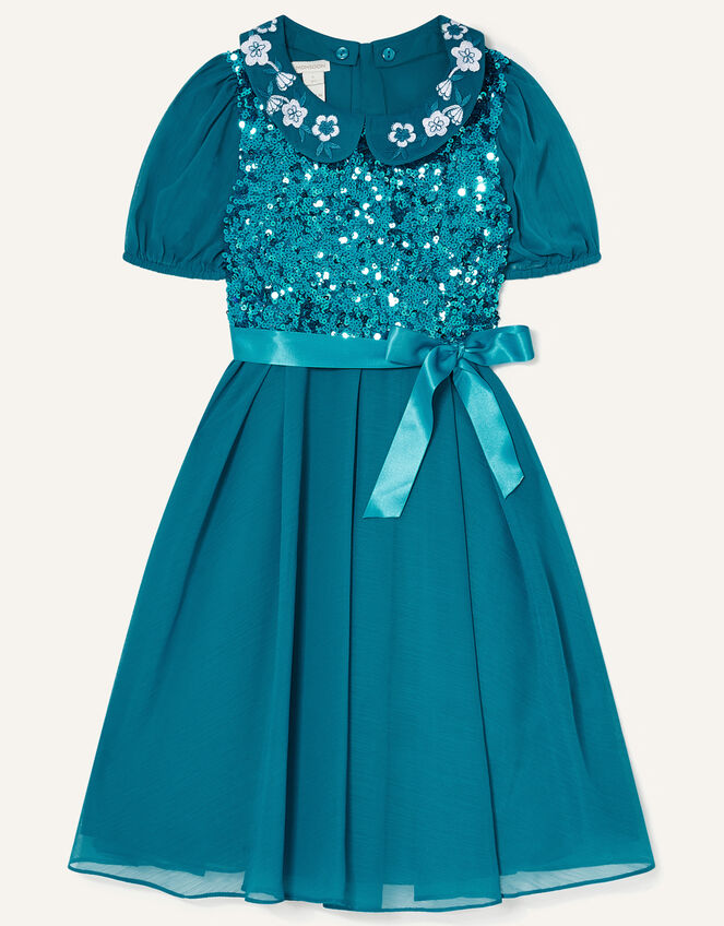 Gigi Embroidered Collar Sequin Dress, Teal (TEAL), large