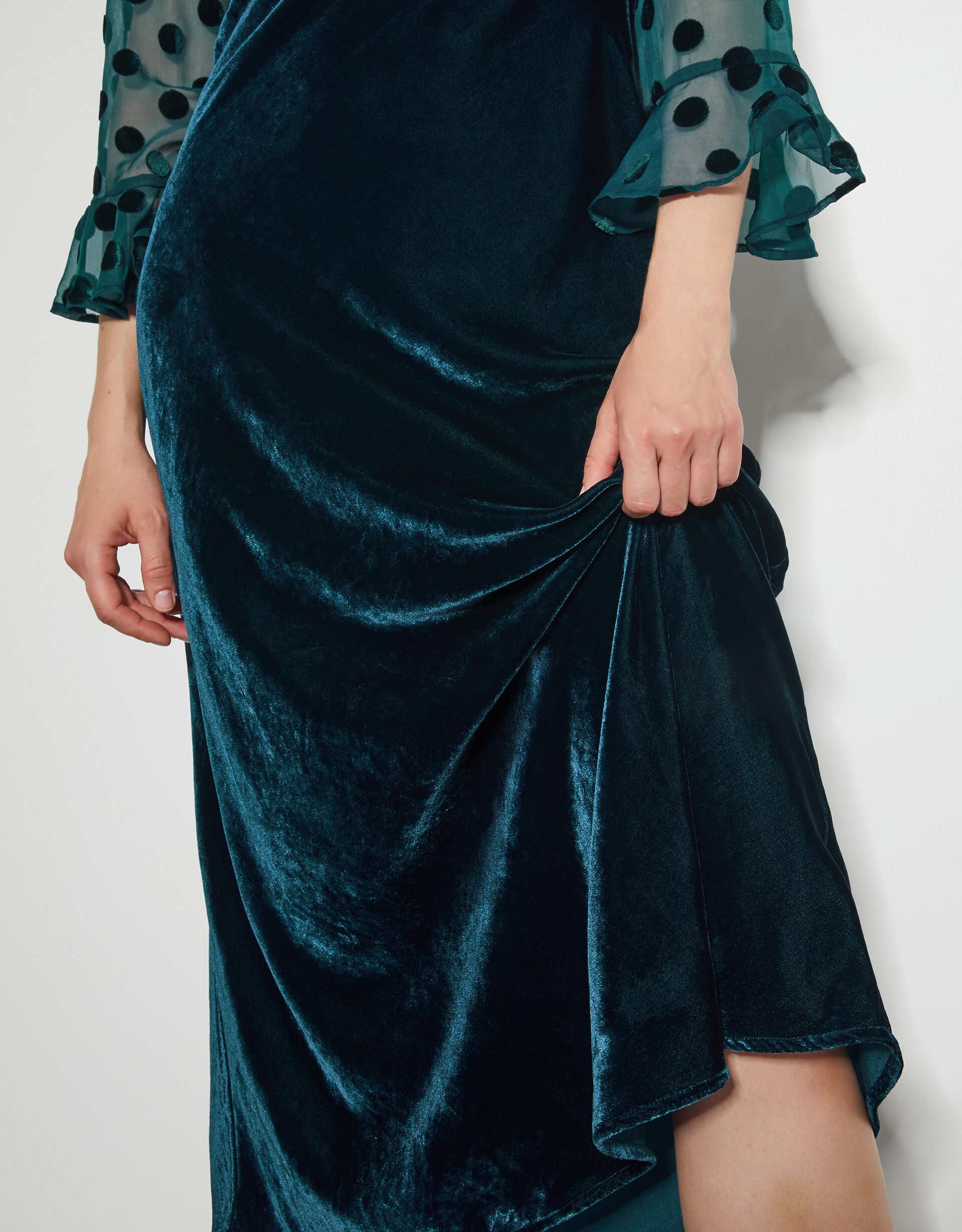 Dora Polka Dot Velvet Midi Dress Teal