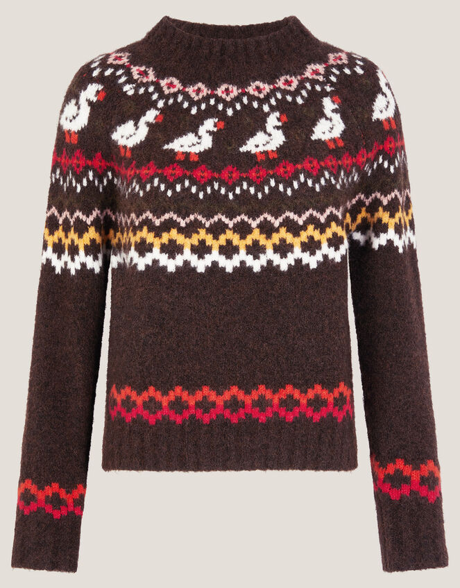 Monsoon x Sarah Corbett-Winder Duck Fair Isle Jumper, Brown (CHOCOLATE), large