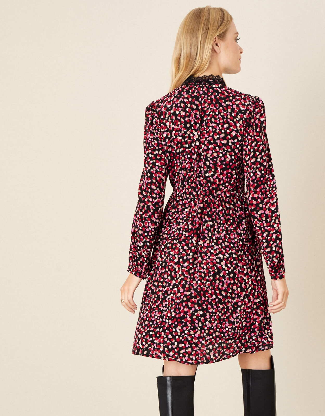 Spot Print Lace Trim Dress Pink 