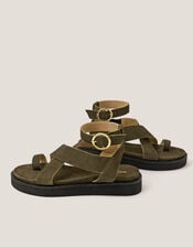 Ivy Toe Strap Crossover Suede Sandals, Green (KHAKI), large