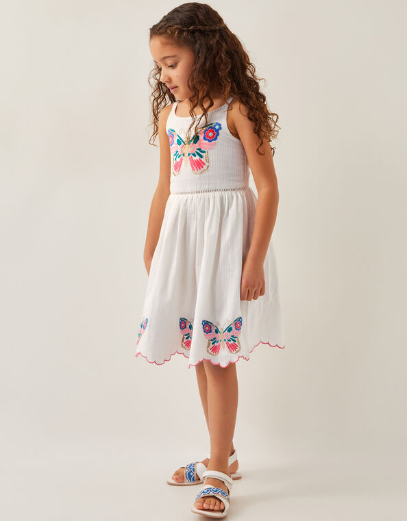 Butterfly Embroidered Cotton Dress, Ivory (IVORY), large