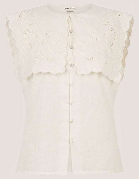 Lexi Sleeveless Embroidered Linen Blend Top, Ivory (IVORY), large