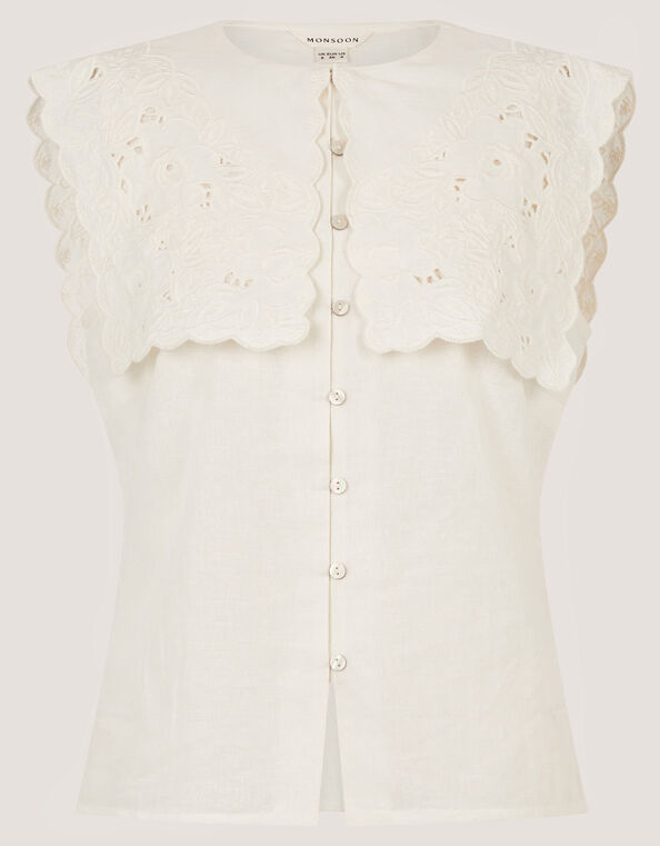 Lexi Sleeveless Embroidered Linen Blend Top, Ivory (IVORY), large