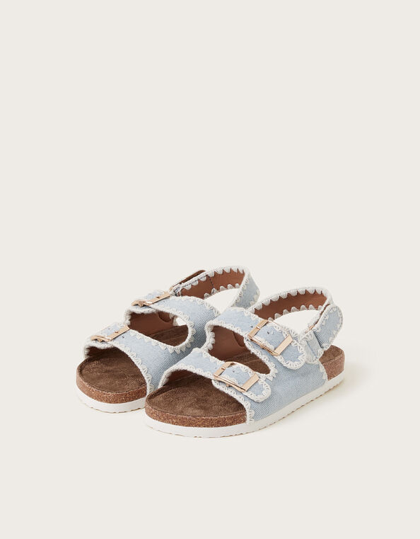 Denim Whipstitch Buckle Sandals, Blue (BLUE), large